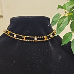 Fashion Jewelry Gold Double Strand Pearl Accent Choker